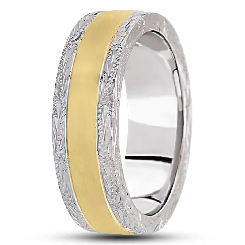 18K white-yellow-white gold 7mm. satin fancy-carved-hand-engraved-wedding-band - alternate view 11