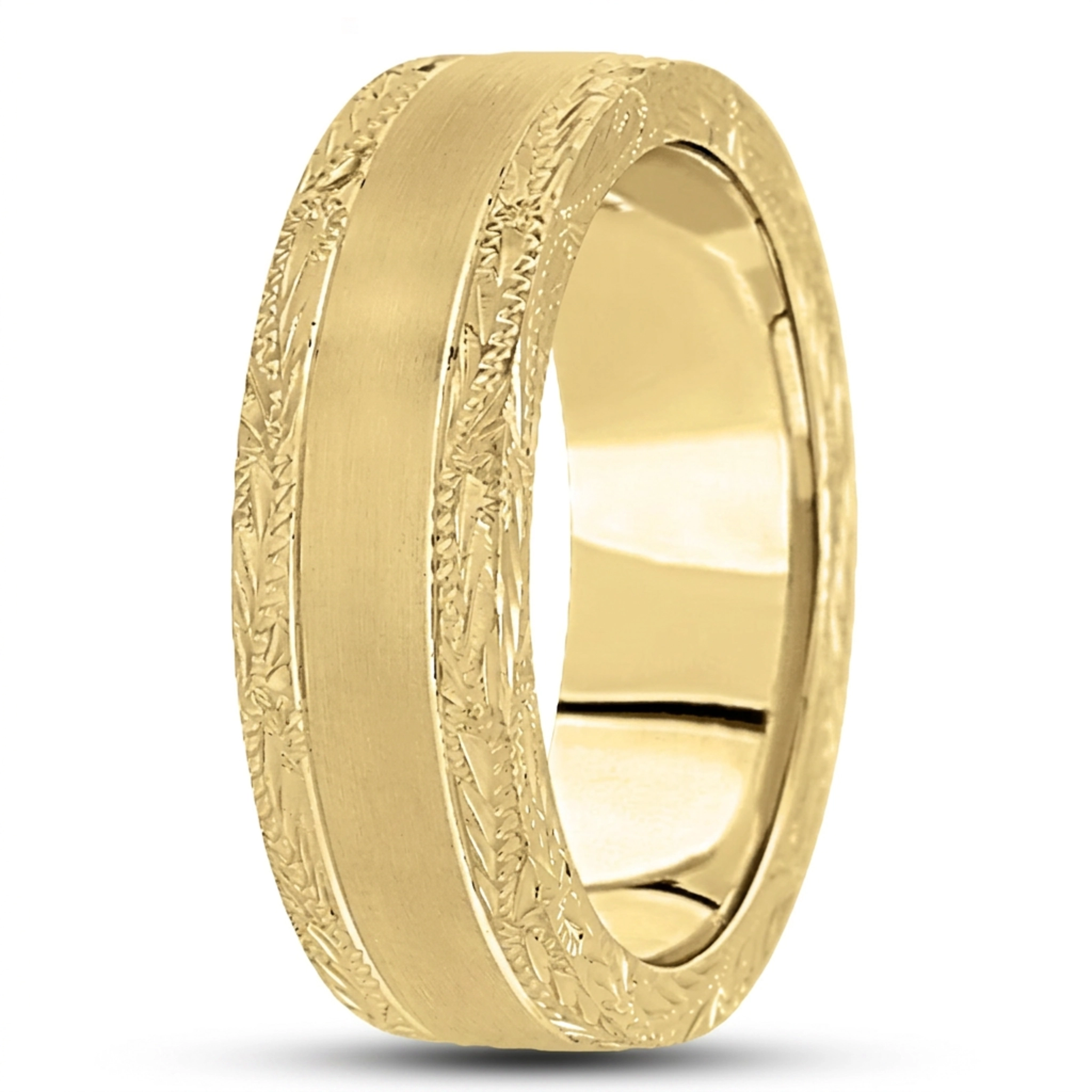 10K yellow gold 7mm. satin fancy-carved-hand-engraved-wedding-band - alternate view 12