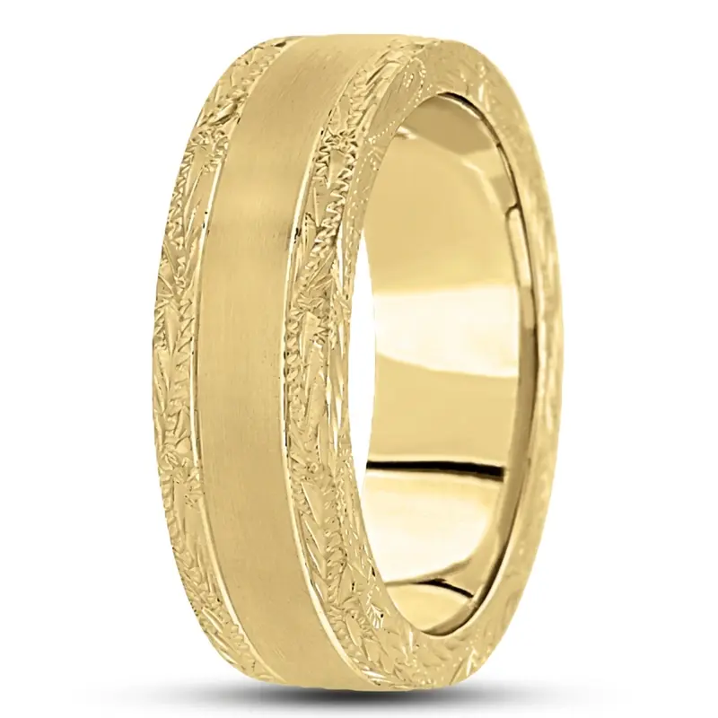 18K yellow gold 7mm. satin fancy-carved-hand-engraved-wedding-band - alternate view 12