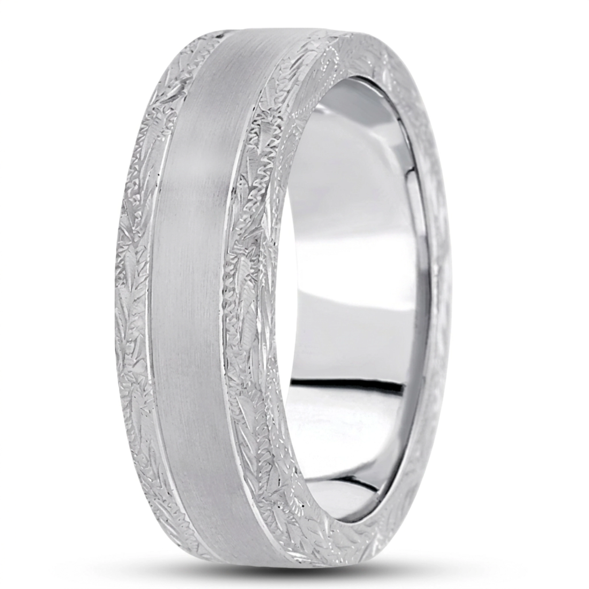 10K white gold 7mm. satin fancy-carved-hand-engraved-wedding-band - alternate view 13