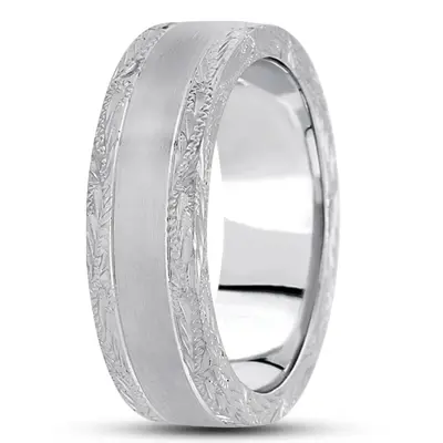 10K white gold 7mm. satin fancy-carved-hand-engraved-wedding-band - alternate view 13 thumbnail
