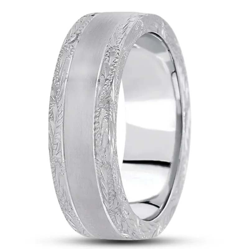 18K white gold 7mm. satin fancy-carved-hand-engraved-wedding-band - alternate view 13