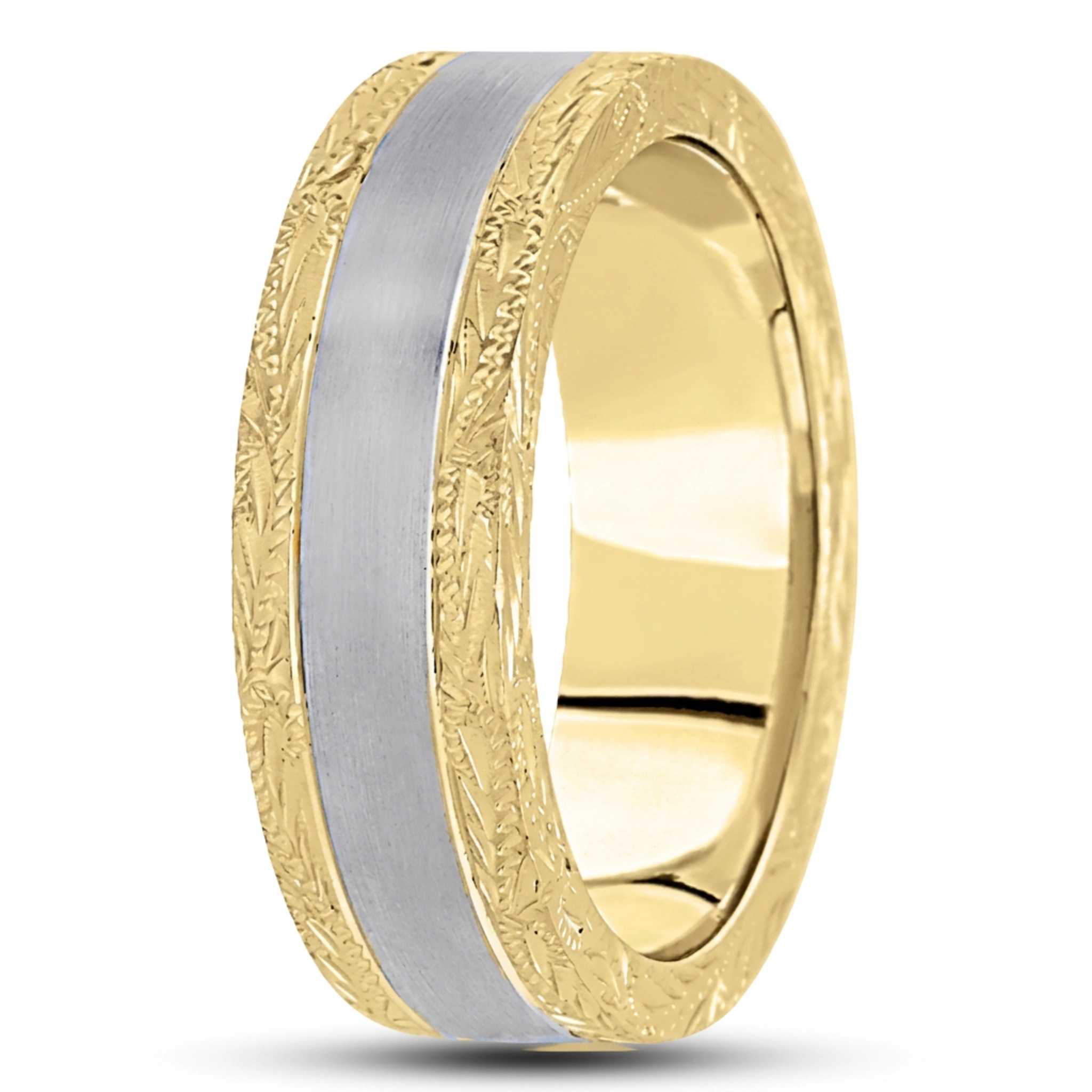 10K yellow-white-yellow gold 7mm. satin fancy-carved-hand-engraved-wedding-band - alternate view 14