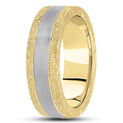 10K yellow-white-yellow gold 7mm. satin fancy-carved-hand-engraved-wedding-band - alternate view 14 thumbnail