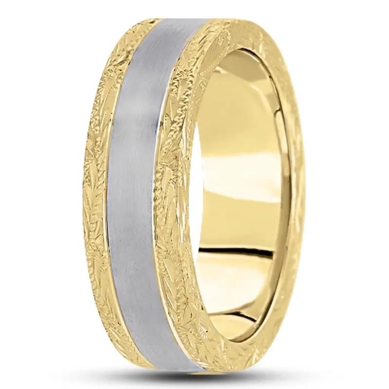 18K yellow-white-yellow gold 7mm. satin fancy-carved-hand-engraved-wedding-band - alternate view 14