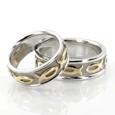 Ichthus Jesus Fish Motif Christian Wedding Band Set - view 3 of 3