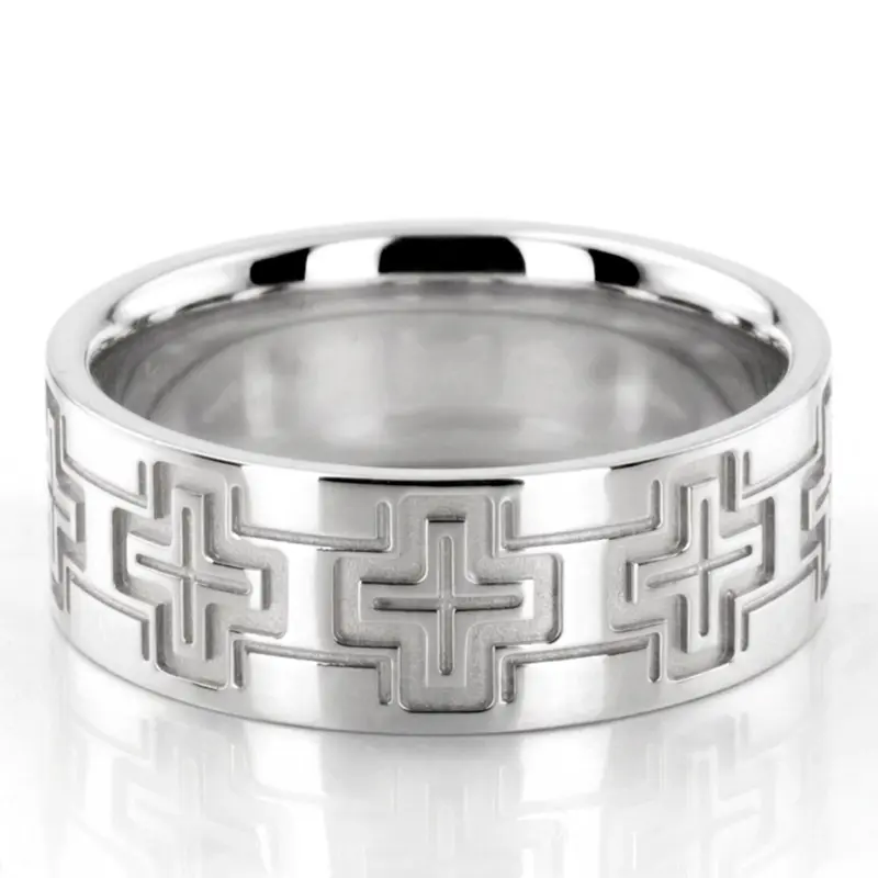 10K white gold 8mm. high polish cross-fine-wedding-ring - alternate view 2