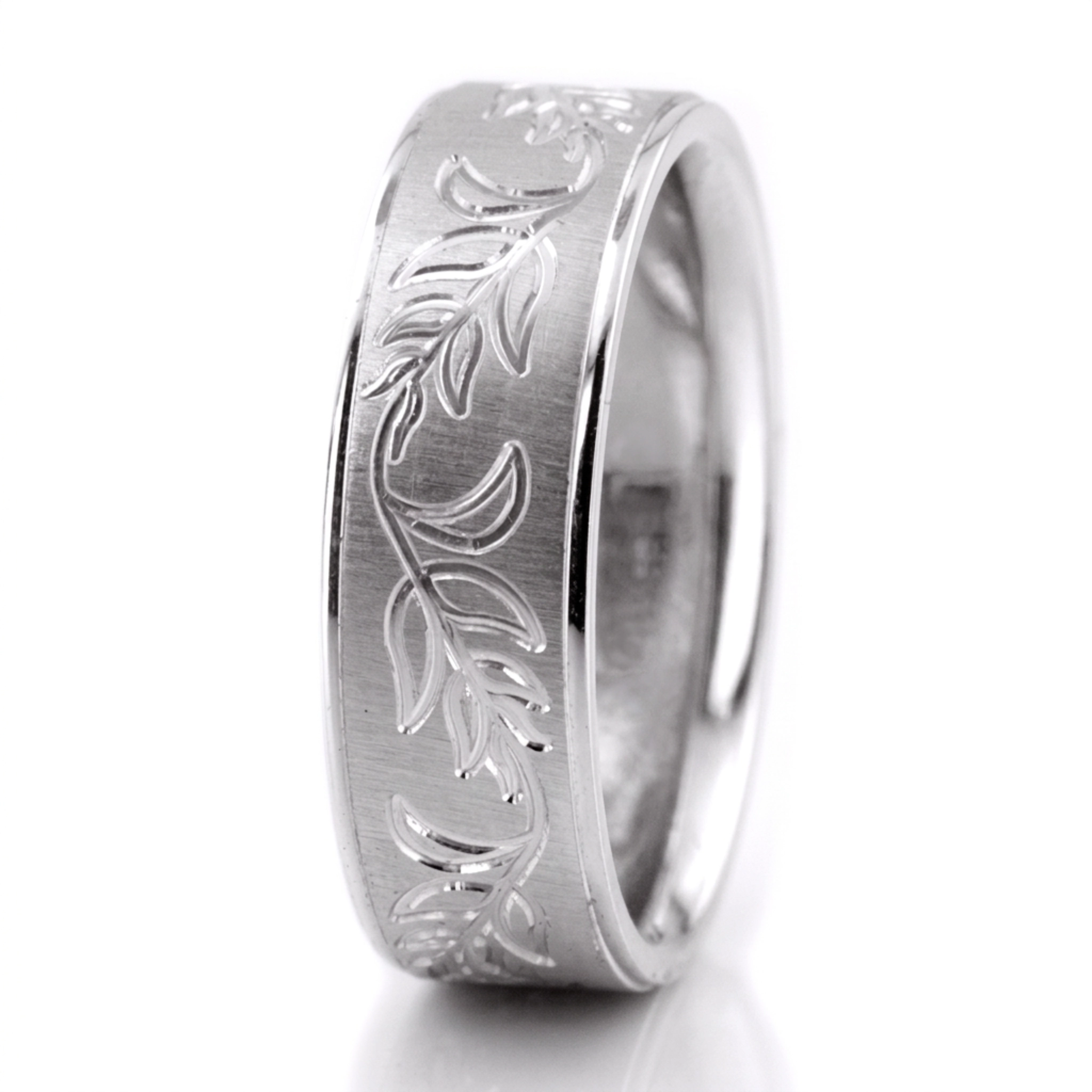 10K white gold 7mm. cross satin Traditional-Fancy-Floral-Carved-Wedding-Ring - main view