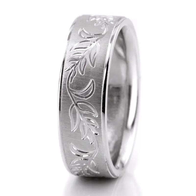10K white gold 7mm. cross satin Traditional-Fancy-Floral-Carved-Wedding-Ring - main view