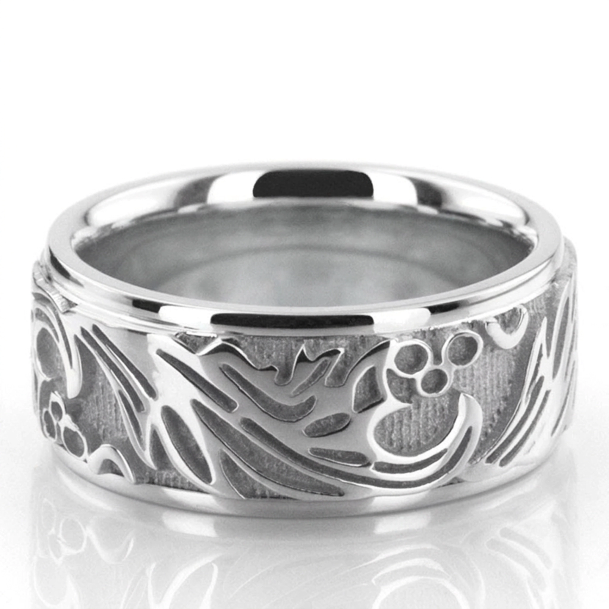 14K white gold 8.5mm. high polish hand-made-antique-wedding-band - main view