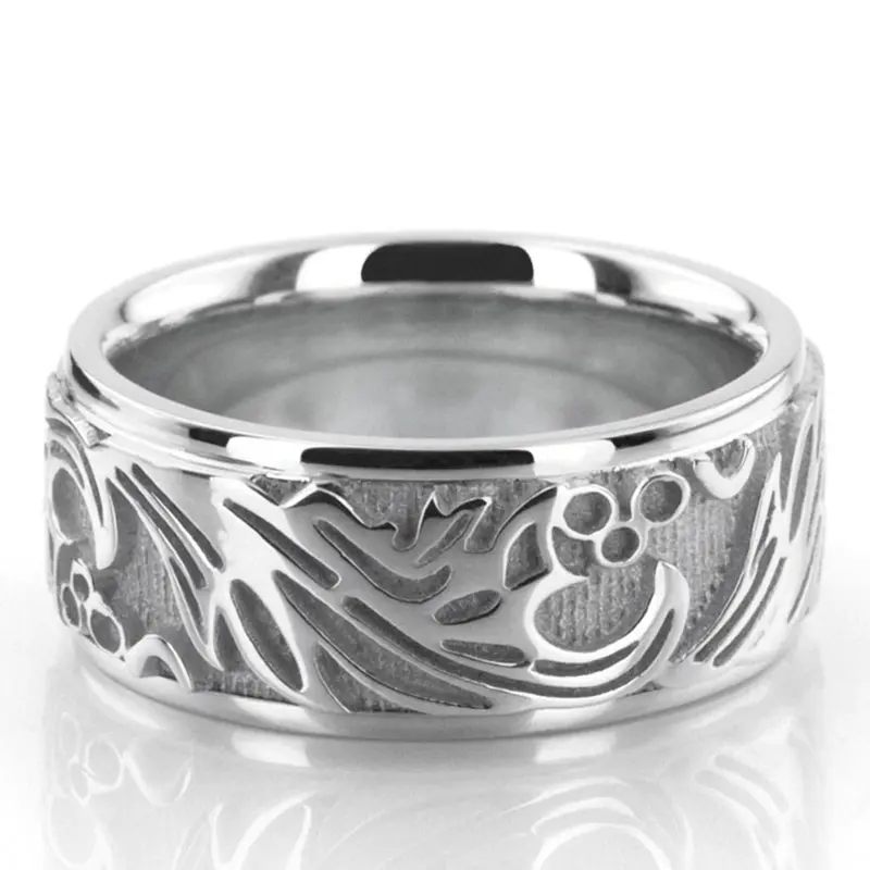 14K white gold 8.5mm. high polish hand-made-antique-wedding-band - main view
