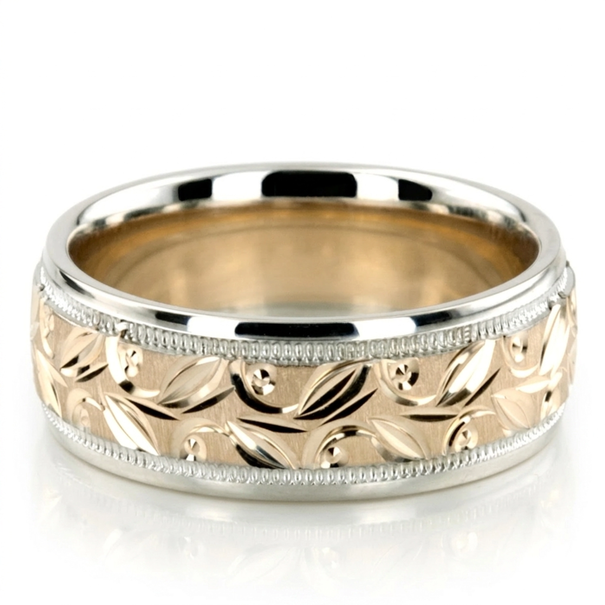 10K white-yellow-white gold 7mm. cross satin hand-engraved-fancy-carved-wedding-band - main view