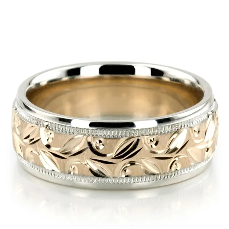 10K white-yellow-white gold 7mm. cross satin hand-engraved-fancy-carved-wedding-band - main view