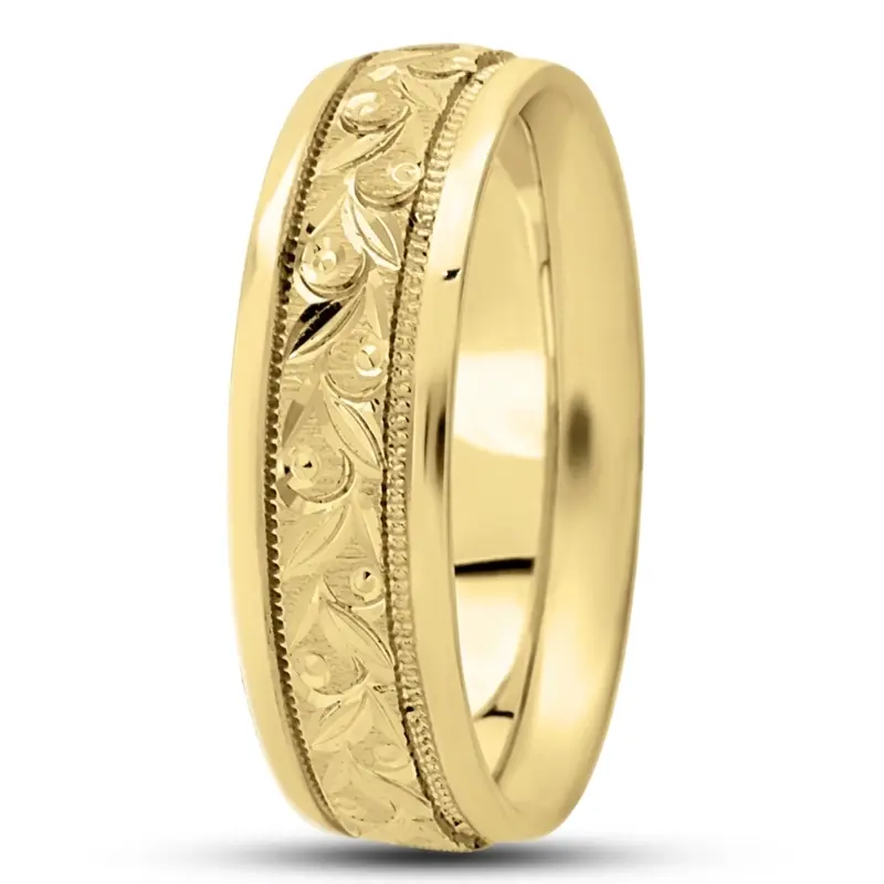 10K yellow gold 6mm. cross satin hand-engraved-fancy-carved-wedding-band - alternate view 7