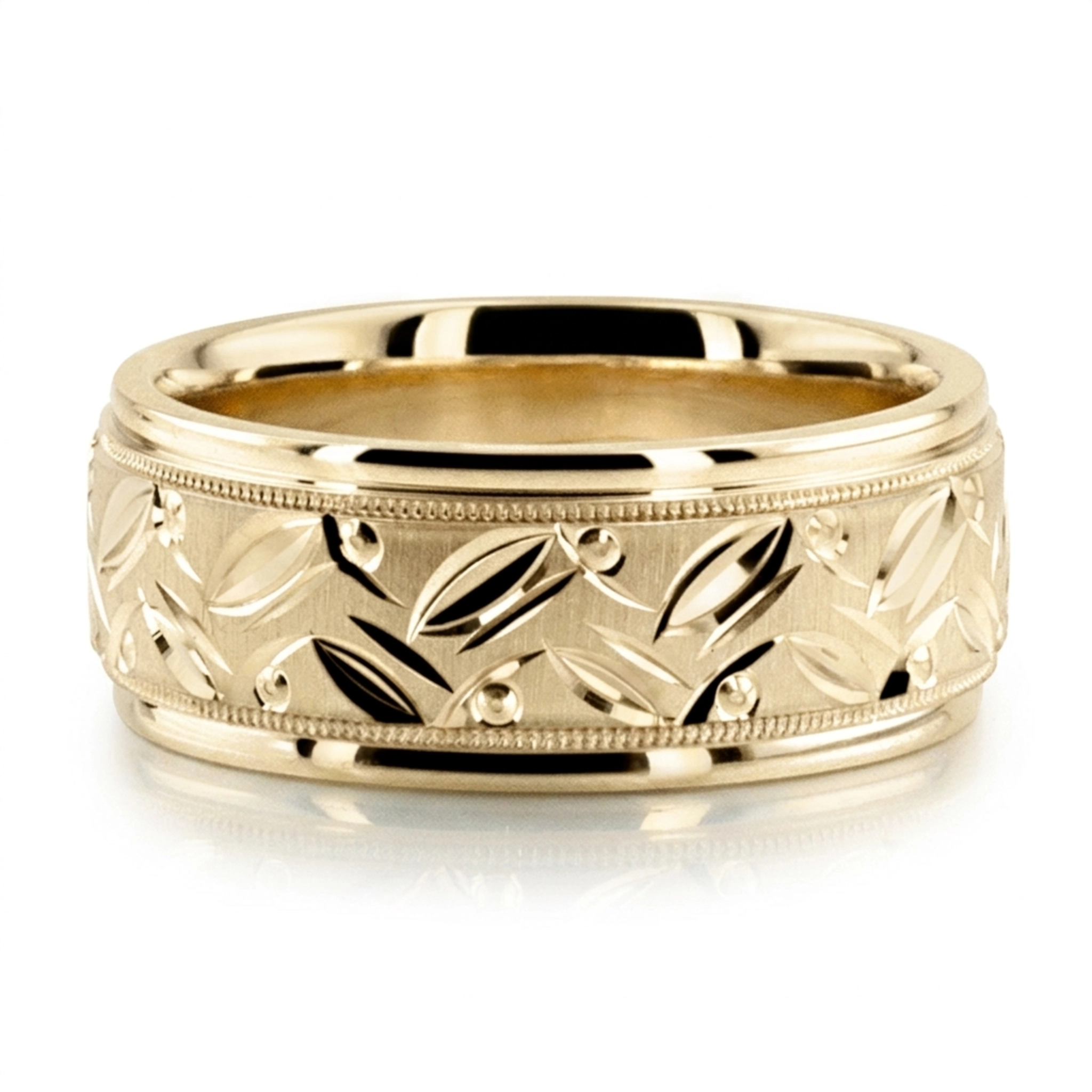 10K yellow gold 8mm. cross satin hand-engraved-fancy-carved-wedding-band - alternate view 4