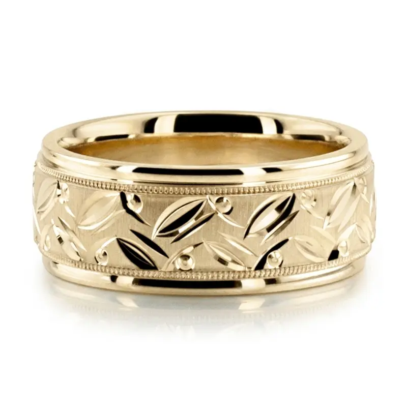 10K yellow gold 8mm. cross satin hand-engraved-fancy-carved-wedding-band - alternate view 4