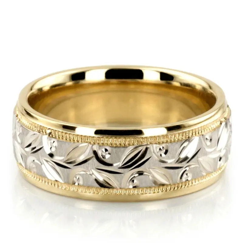 10K yellow-white-yellow gold 7mm. cross satin hand-engraved-fancy-carved-wedding-band - alternate view 3