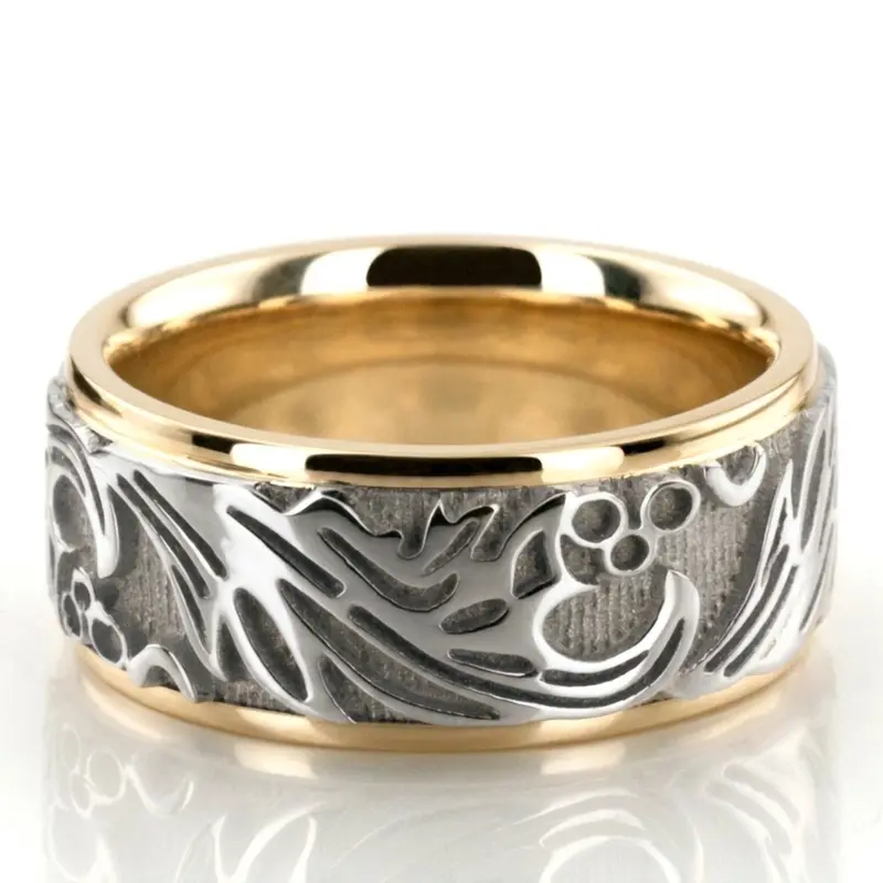 14K yellow-white-yellow gold 8.5mm. high polish hand-made-antique-wedding-band - alternate view 2