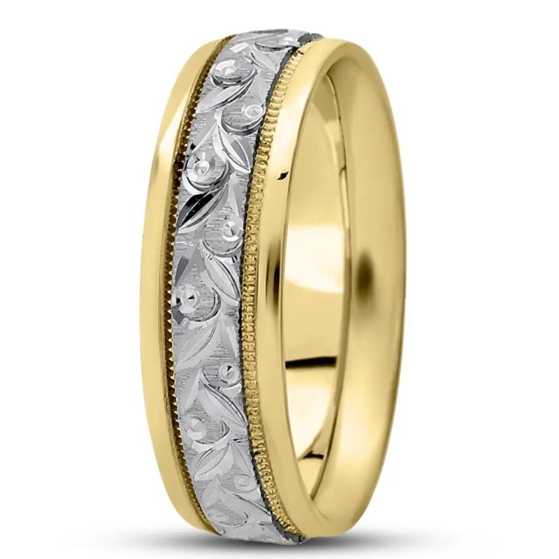 10K yellow-white-yellow gold 6mm. cross satin hand-engraved-fancy-carved-wedding-band - alternate view 6
