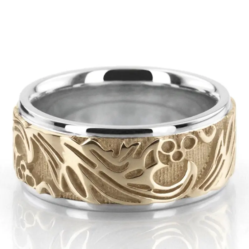 14K white-yellow-white gold 8.5mm. high polish hand-made-antique-wedding-band - alternate view 3