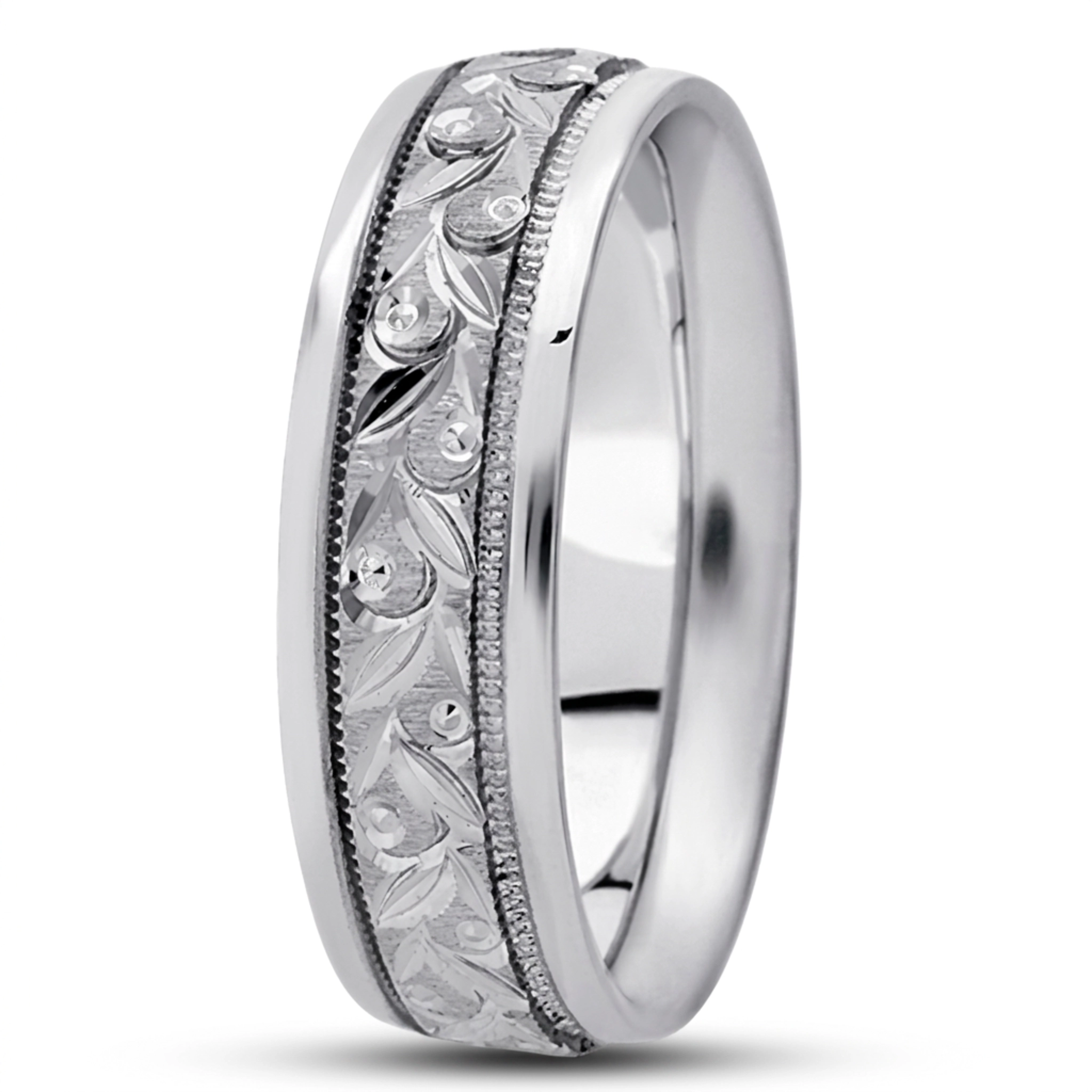 10K white gold 6mm. cross satin hand-engraved-fancy-carved-wedding-band - alternate view 5