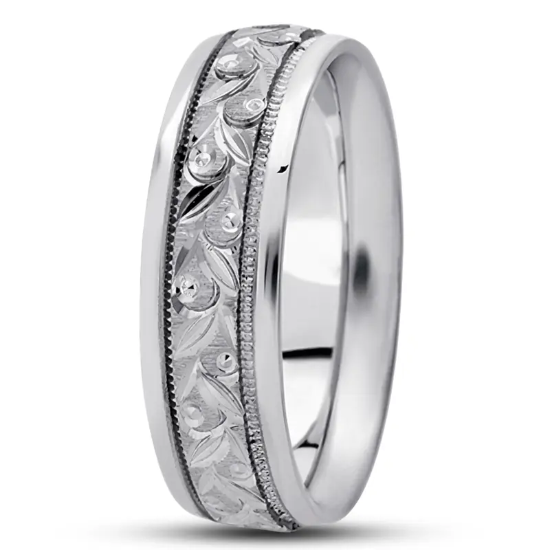 10K white gold 6mm. cross satin hand-engraved-fancy-carved-wedding-band - alternate view 5