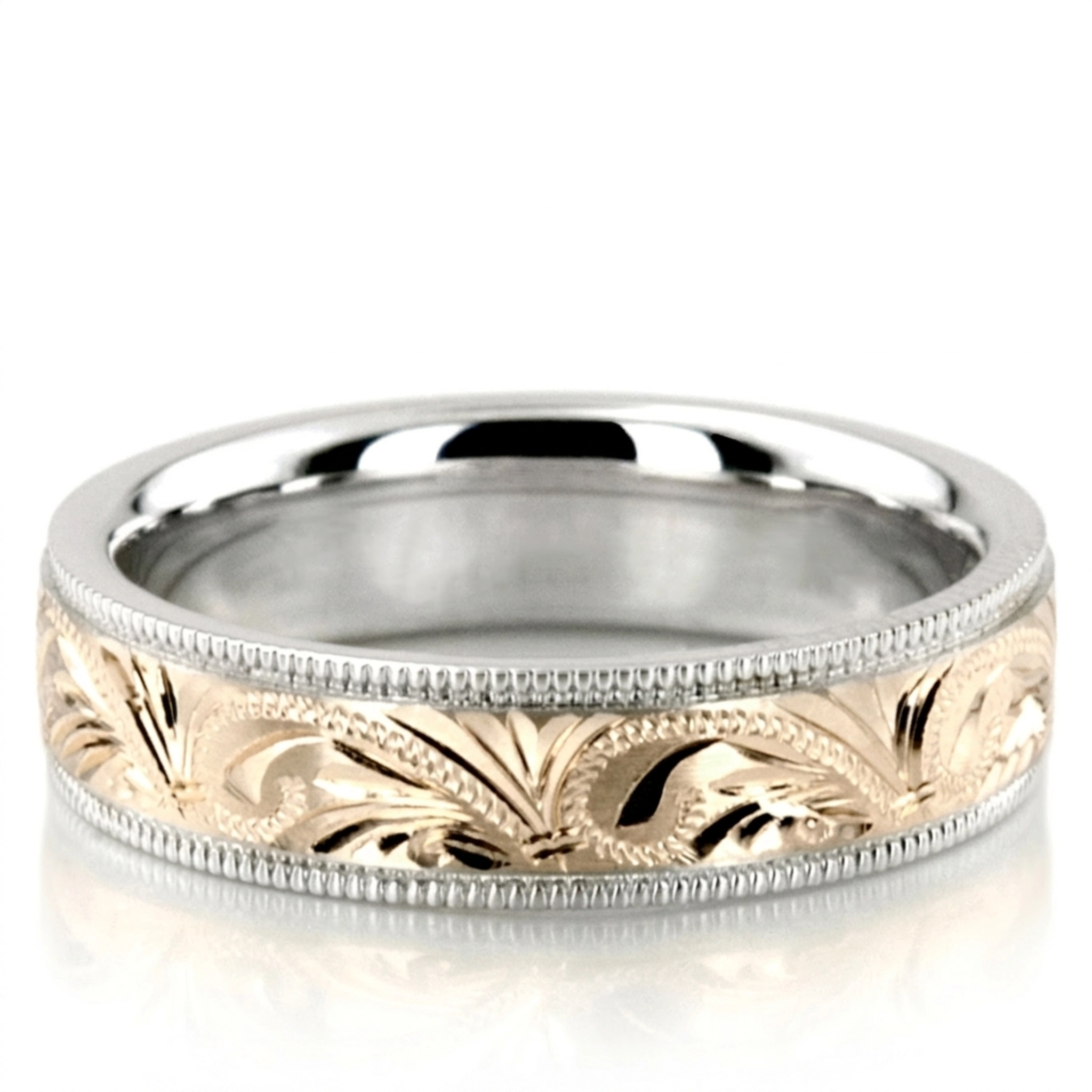 10K white-yellow-white gold 5mm. satin hand-engraved-fancy-carved-wedding-band - alternate view 2