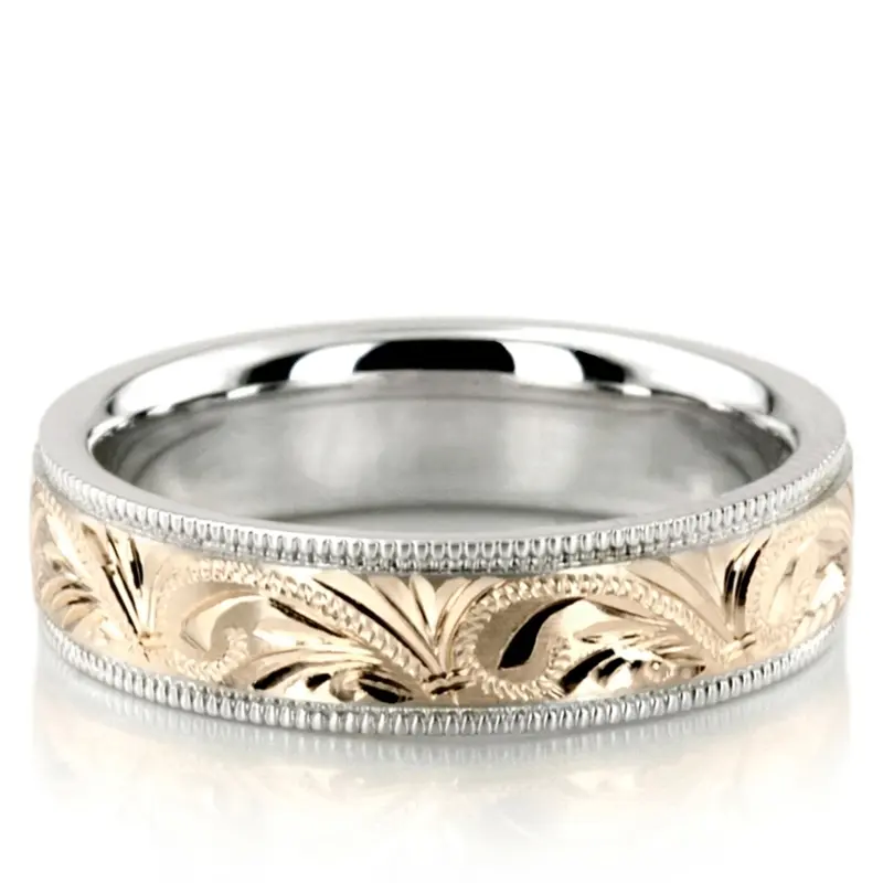 10K white-yellow-white gold 5mm. satin hand-engraved-fancy-carved-wedding-band - alternate view 2