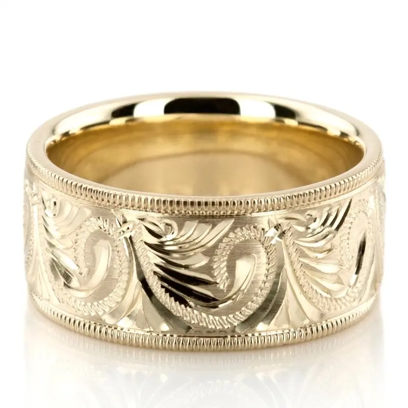 10K yellow gold 10mm. satin hand-engraved-fancy-carved-wedding-band - alternate view 5
