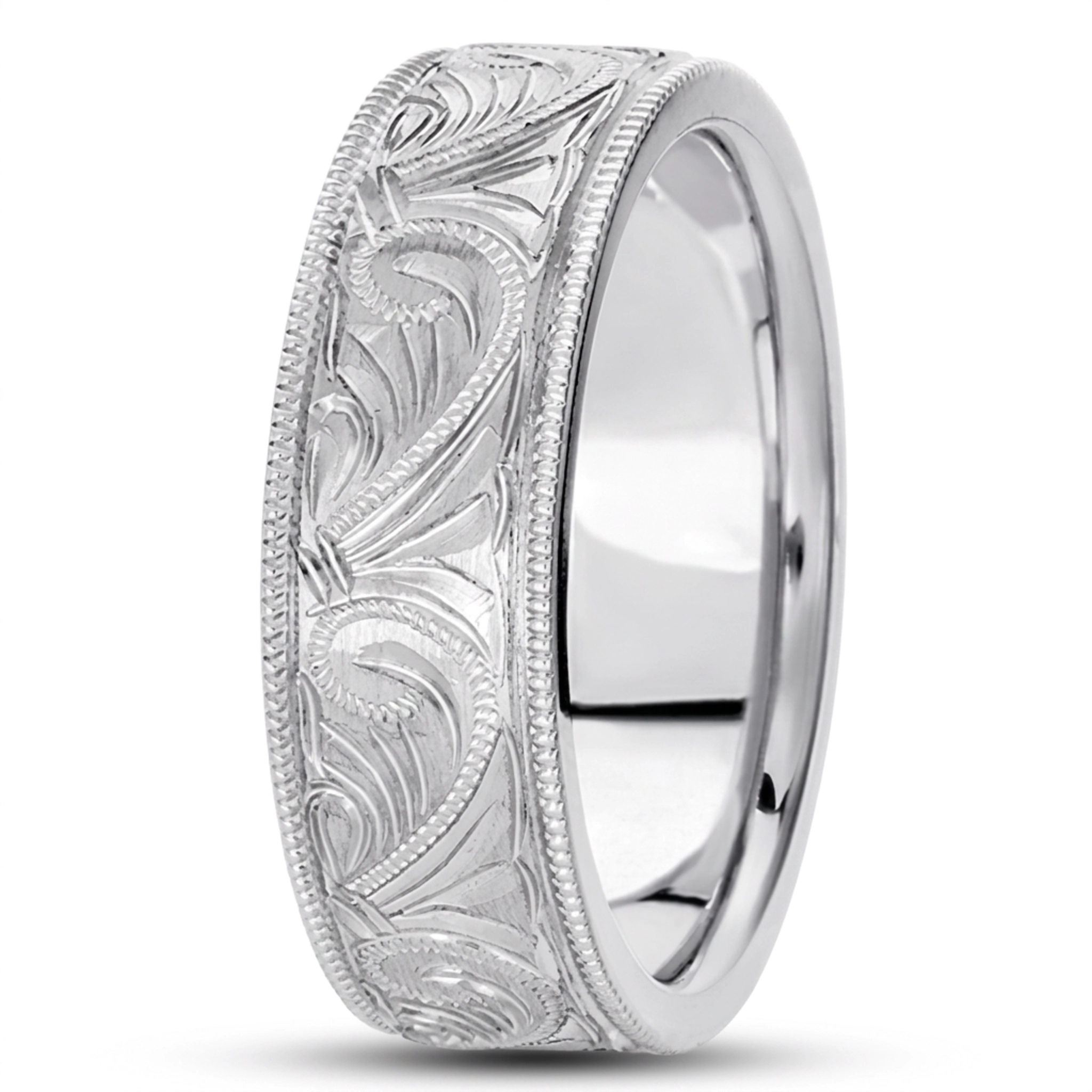 10K white gold 7mm. satin hand-engraved-fancy-carved-wedding-band - alternate view 6