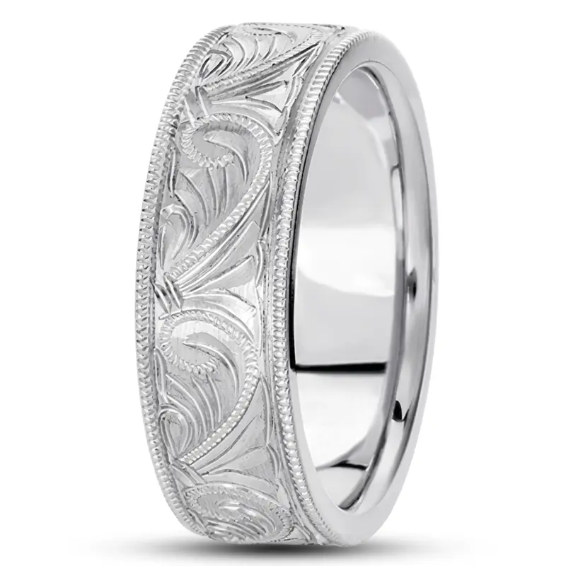 10K white gold 7mm. satin hand-engraved-fancy-carved-wedding-band - alternate view 6