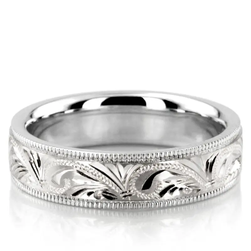 10K white gold 5mm. satin hand-engraved-fancy-carved-wedding-band - main view