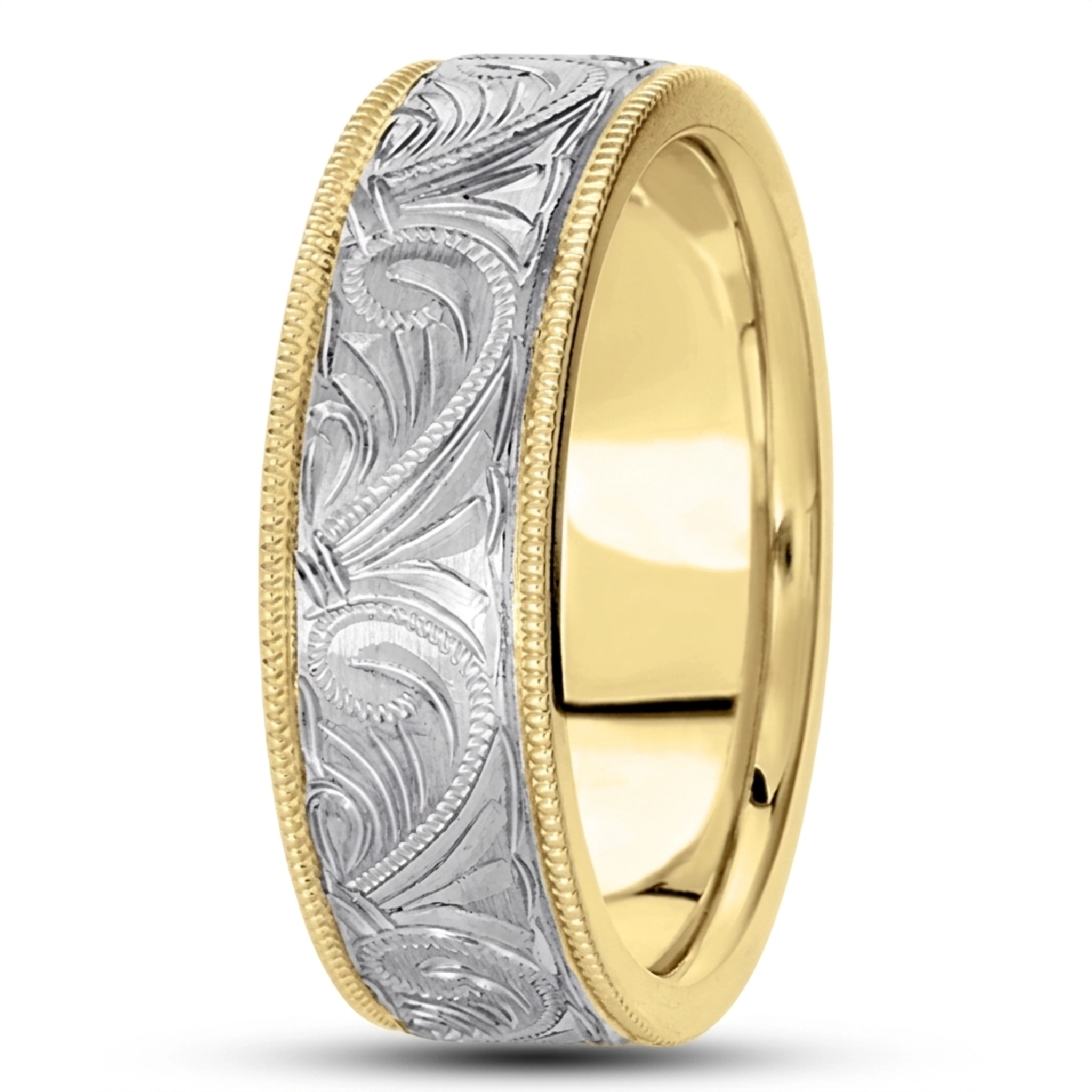 10K yellow-white-yellow gold 7mm. satin hand-engraved-fancy-carved-wedding-band - alternate view 7