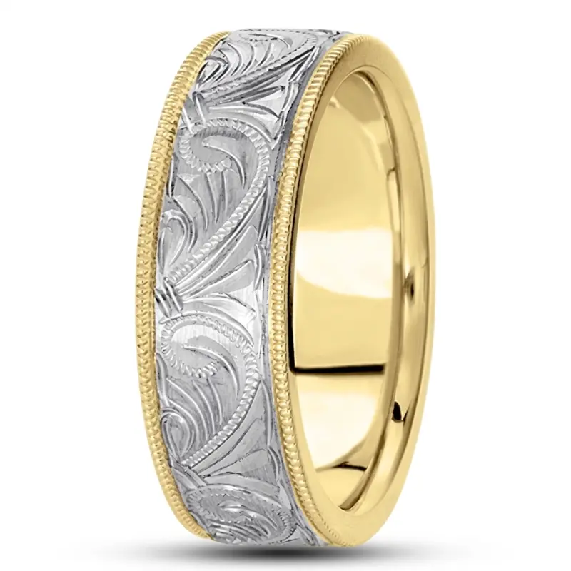 10K yellow-white-yellow gold 7mm. satin hand-engraved-fancy-carved-wedding-band - alternate view 7