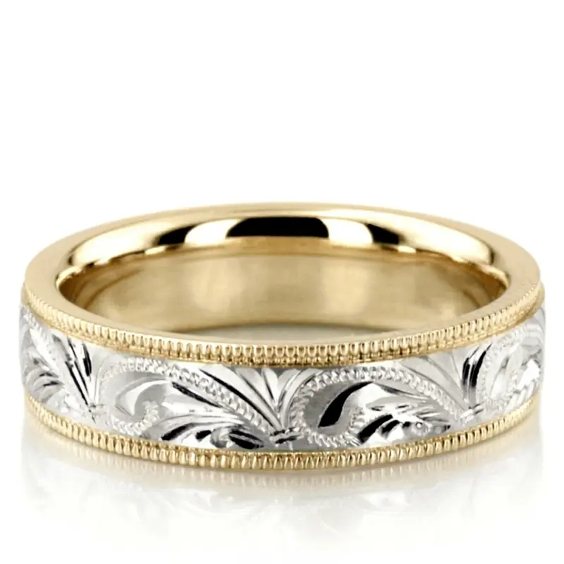 10K yellow-white-yellow gold 5mm. satin hand-engraved-fancy-carved-wedding-band - alternate view 3