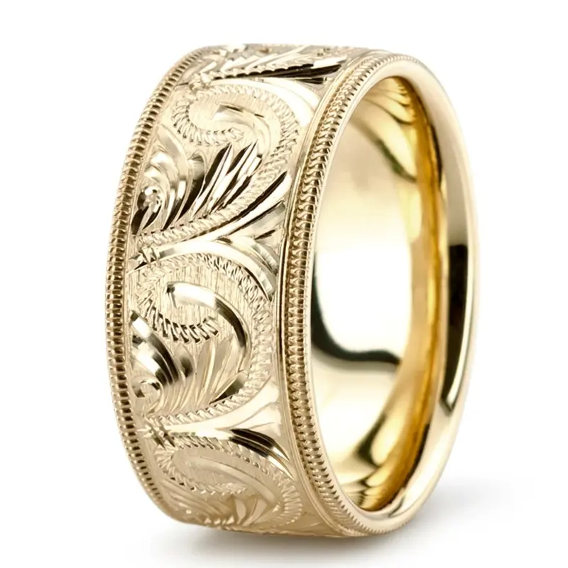 10K yellow gold 10mm. satin hand-engraved-fancy-carved-wedding-band - alternate view 4