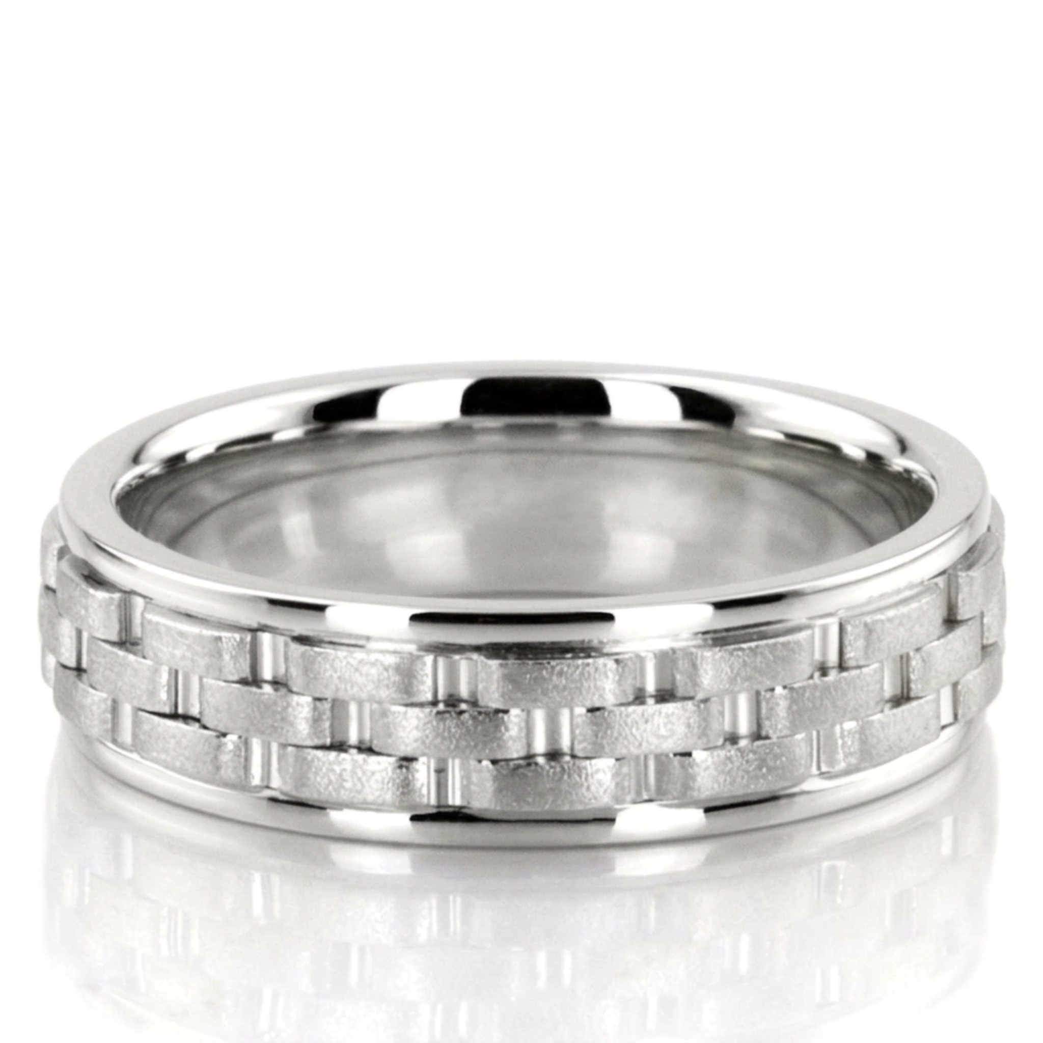 10K white gold 6mm. wire matte fancy-carved-contemporary-wedding-band - main view