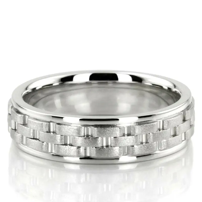 10K white gold 6mm. wire matte fancy-carved-contemporary-wedding-band - main view