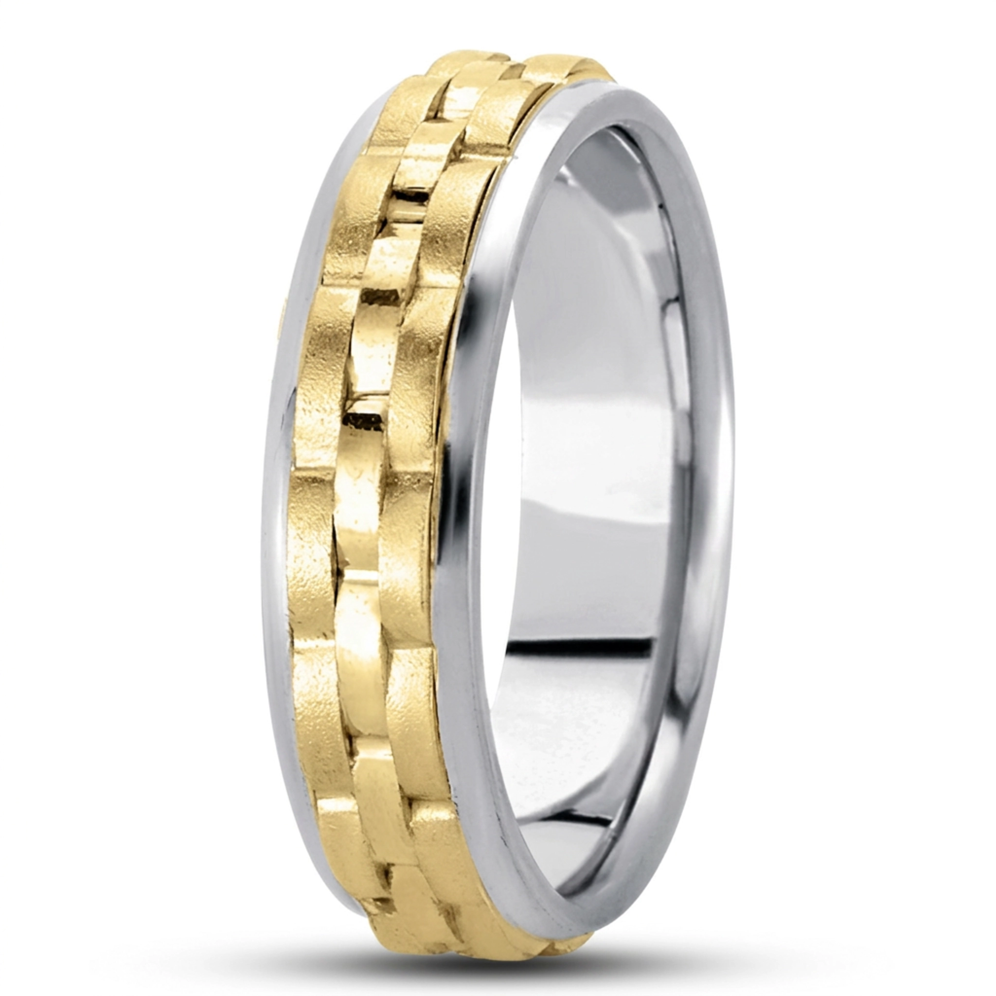 10K white-yellow-white gold 7mm. wire matte fancy-carved-contemporary-wedding-band - alternate view 2
