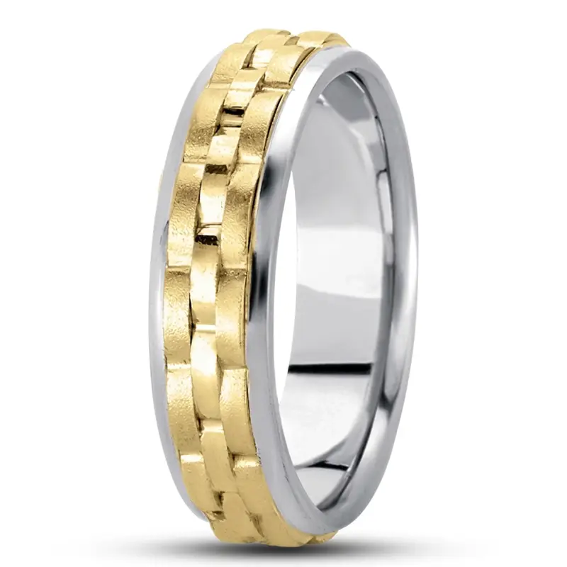 10K white-yellow-white gold 7mm. wire matte fancy-carved-contemporary-wedding-band - alternate view 2
