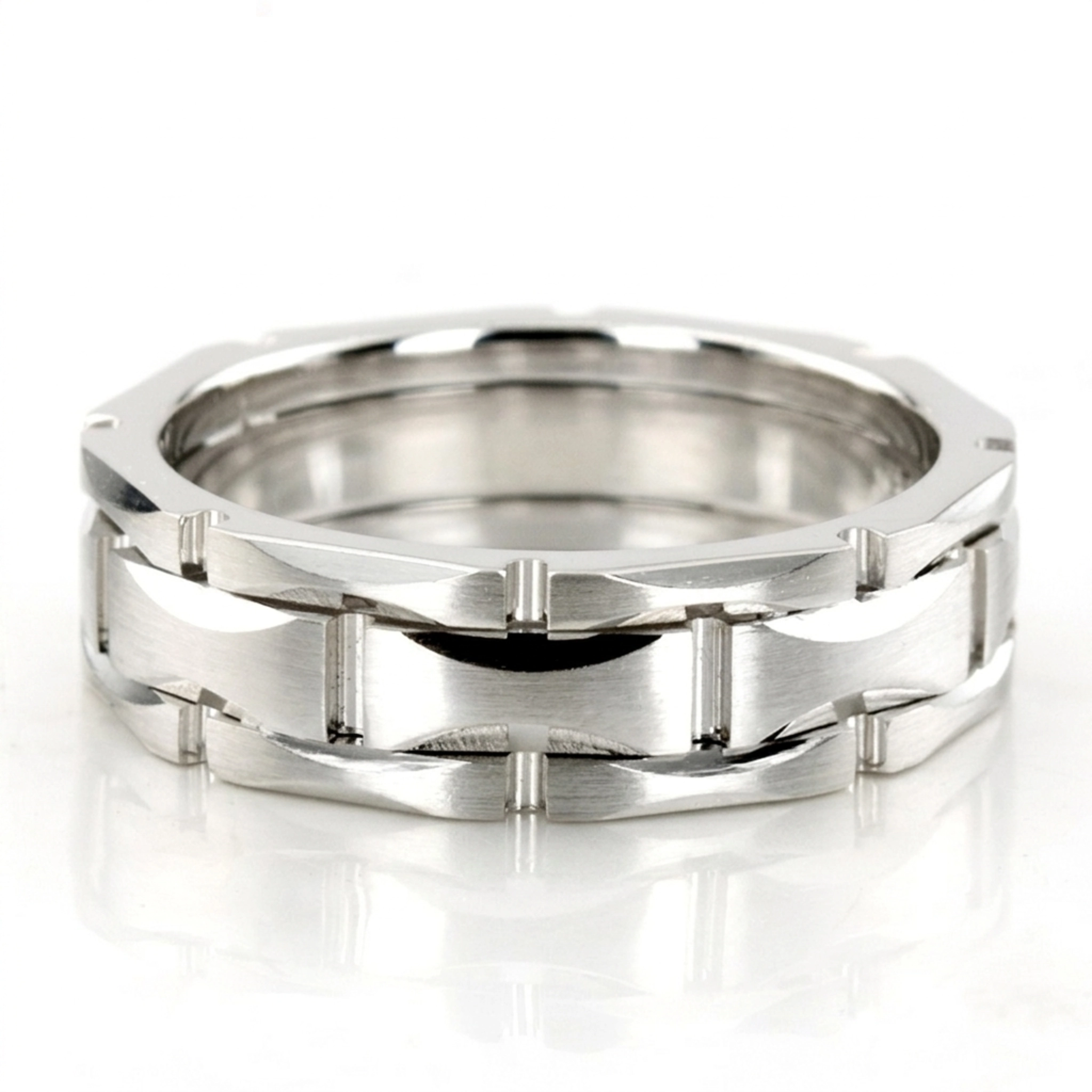10K white gold 6mm. satin fancy-carved-contemporary-wedding-ring - main view