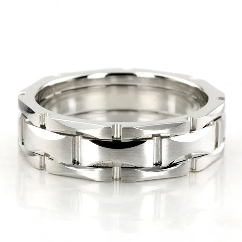 10K white gold 6mm. satin fancy-carved-contemporary-wedding-ring - main view