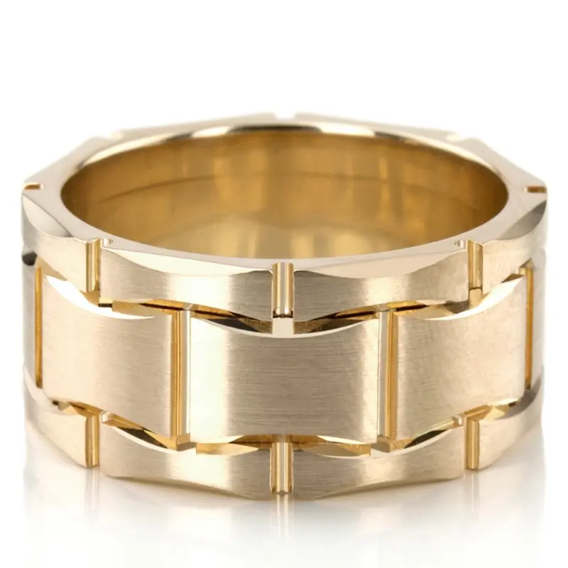 10K yellow gold 12mm. satin fancy-carved-contemporary-wedding-ring - alternate view 2