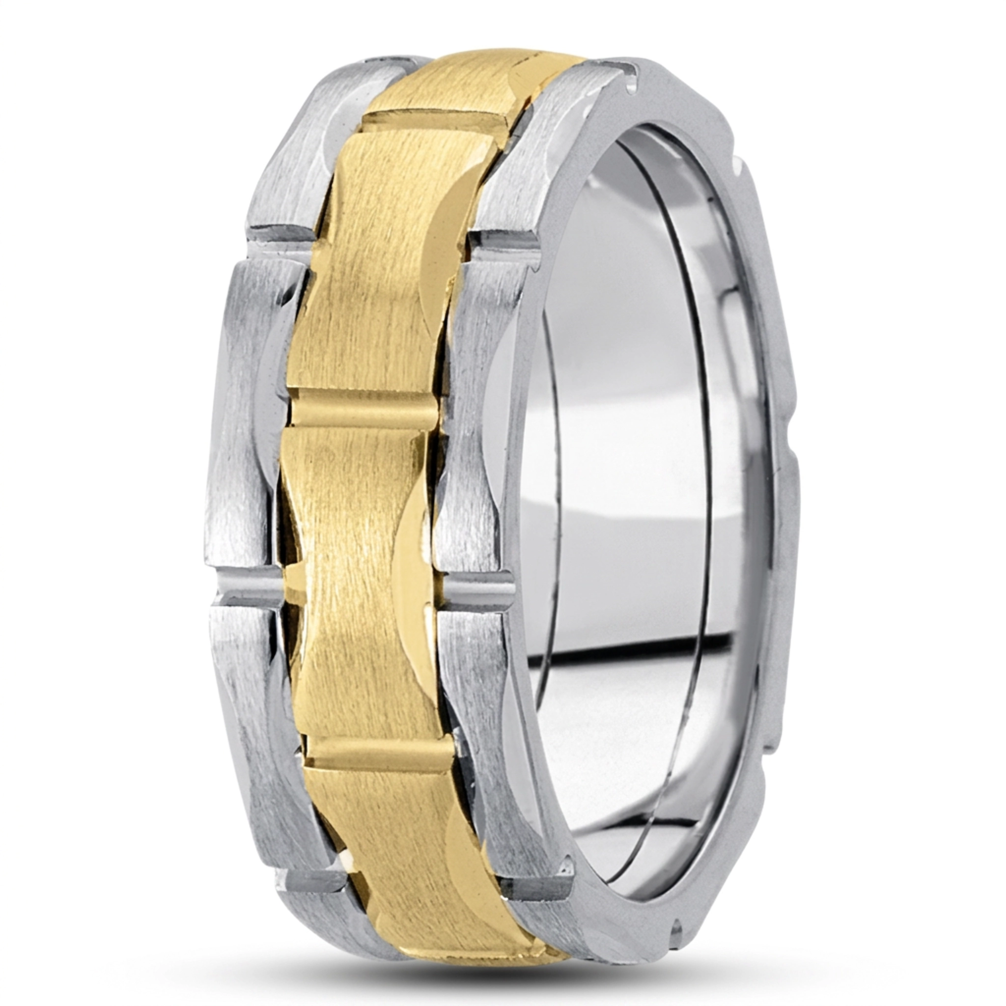 10K white-yellow-white gold 8mm. satin fancy-carved-contemporary-wedding-ring - alternate view 4