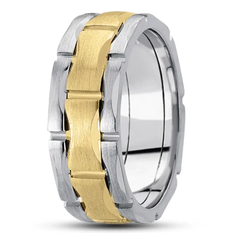 10K white-yellow-white gold 8mm. satin fancy-carved-contemporary-wedding-ring - alternate view 4