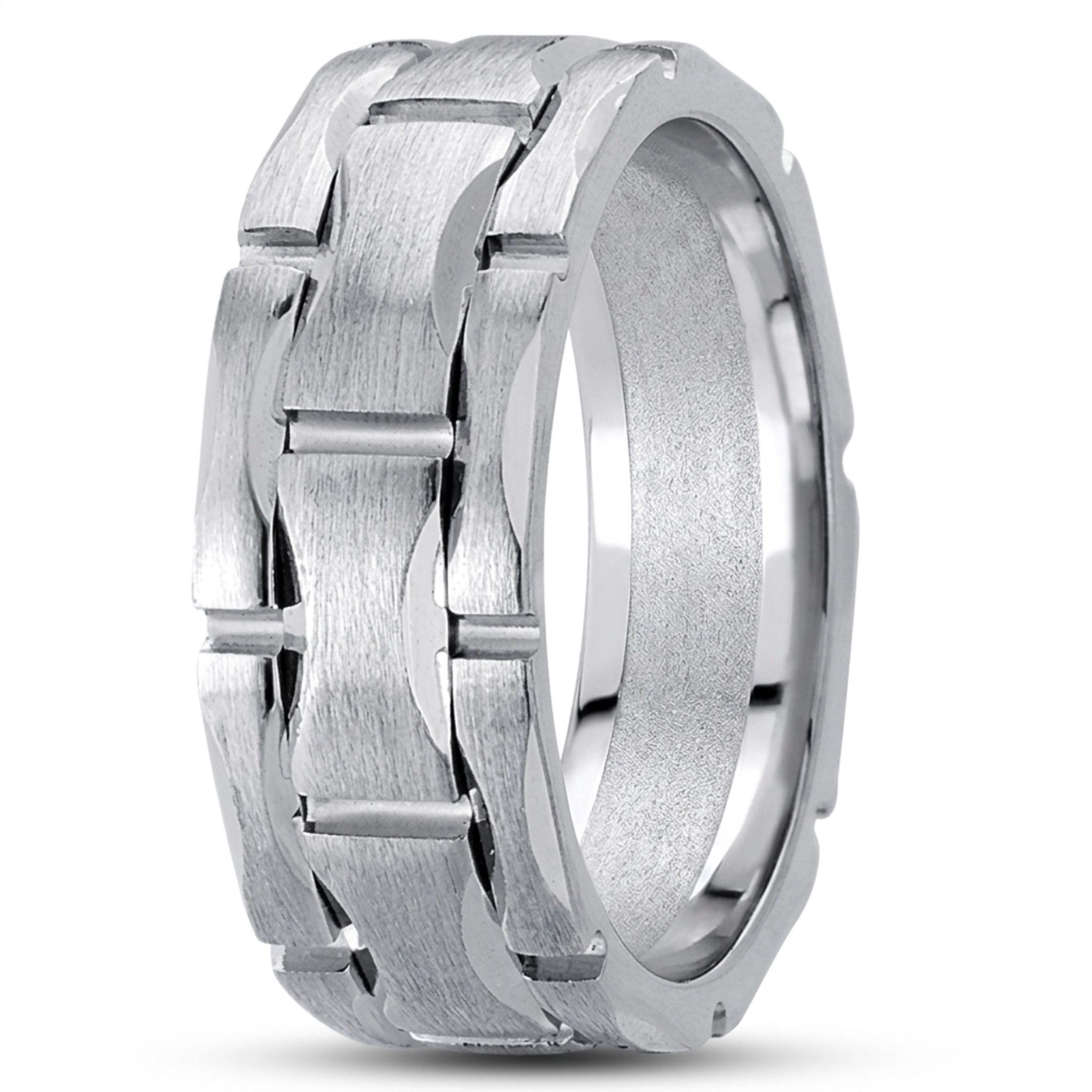 10K white gold 8mm. satin fancy-carved-contemporary-wedding-ring - alternate view 3