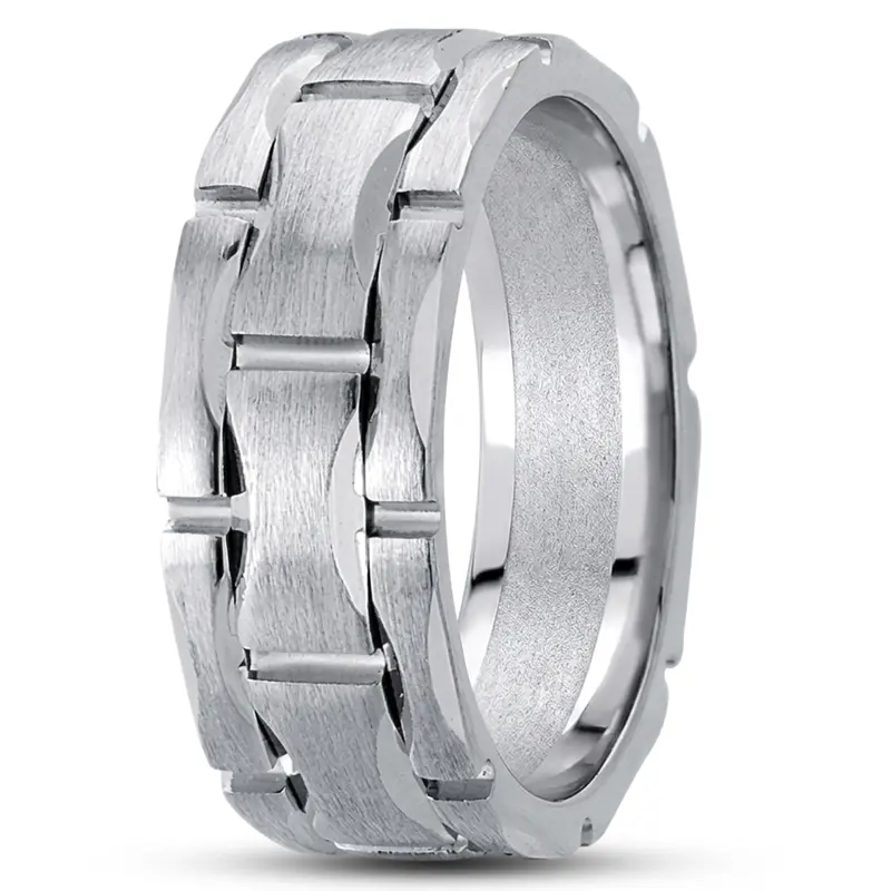 10K white gold 8mm. satin fancy-carved-contemporary-wedding-ring - alternate view 3