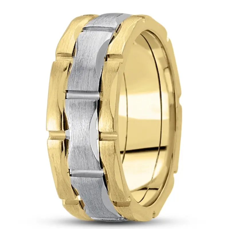 10K yellow-white-yellow gold 8mm. satin fancy-carved-contemporary-wedding-ring - alternate view 5