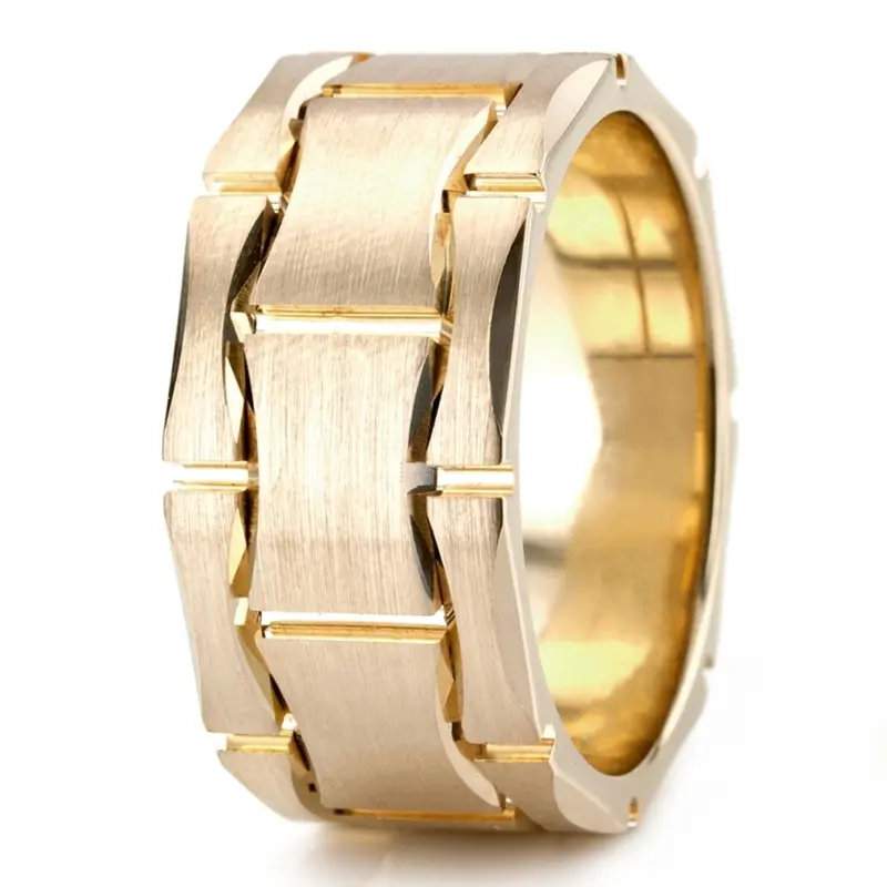 10K yellow gold 12mm. satin fancy-carved-contemporary-wedding-ring - alternate view 6