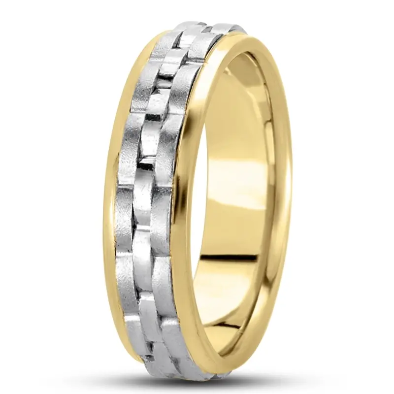 10K yellow-white-yellow gold 7mm. wire matte fancy-carved-contemporary-wedding-band - alternate view 7